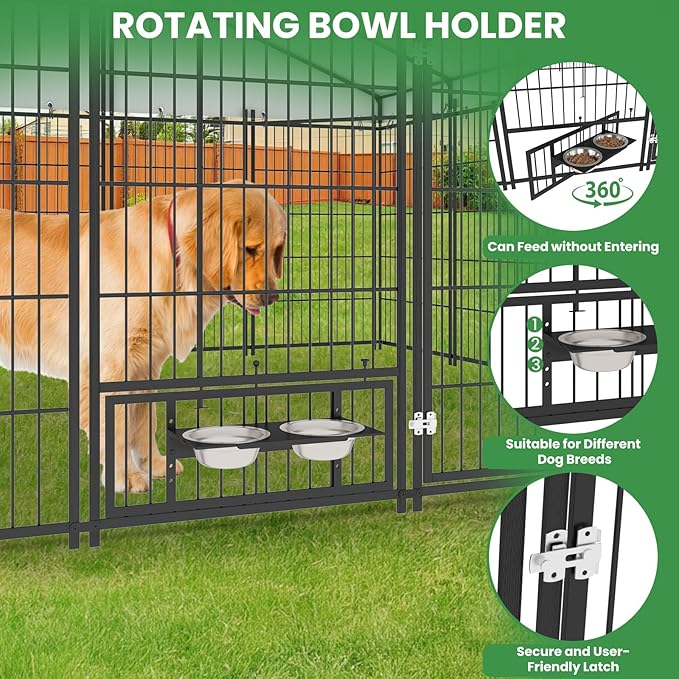 Outdoor Large Dog Kennel - 10 x 10 Covered Dog Kennels with Feeding Door and Double Lock, Welded Wire Dog Kennel, XL Outside Dog Cage for Large Dogs