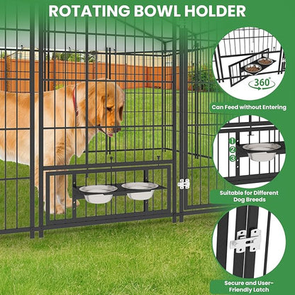 Outdoor Large Dog Kennel - 10 x 10 Covered Dog Kennels with Feeding Door and Double Lock, Welded Wire Dog Kennel, XL Outside Dog Cage for Large Dogs