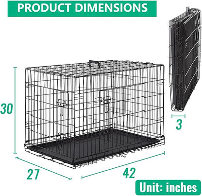FDW XL Dog Crate Dog Kennel Cage with Double Door,42 inch Folding Metal Wire Dog Cage with Removable Tray&Divider Panel,Pet Crate for Medium Large Dogs,Black