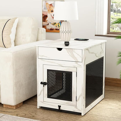 Piskyet Dog Crate Furniture,Wooden Dog Crate End Table with Storage Drawer&Cushion&Tray, QC3.0 Wireless Charging,Dual USB,Small Dogs Marble White