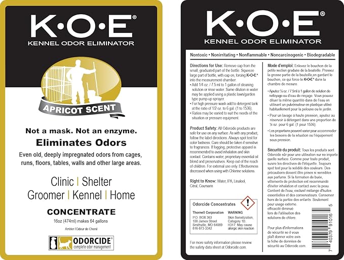 Thornell Odor Eliminator 16oz Concentrate – K.O.E. Apricot Odor Eliminator for Strong Odor for Cages, Runs & More – Pet Odor Eliminator for Home & Kennel w/Safe, Non-Enzymatic Formula