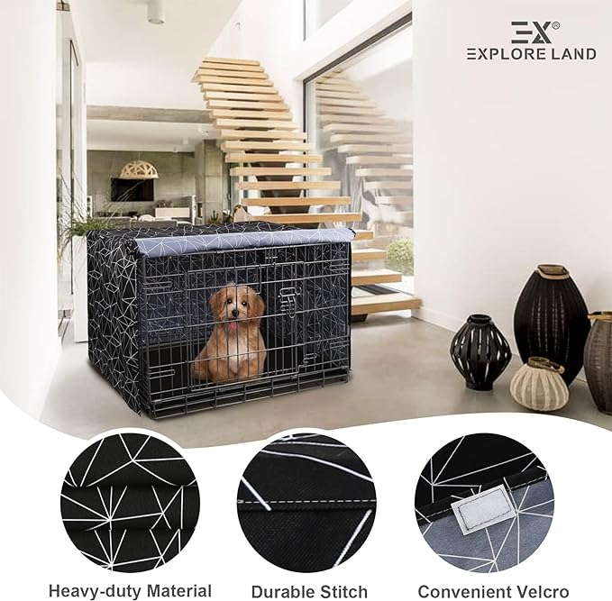 Explore Land Pattern Dog Crate Cover for 42 Inches Wire Cage, Heavy-Duty Polyester 1 2 3 Doors Standard Metal Pet Kennel Enclosure (Brief Polygonal)