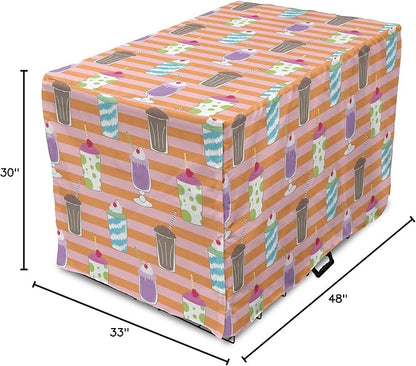 Lunarable Drinks Dog Crate Cover, Colorful Ice Cream Milkshake Creamy on a Striped Background, Easy to Use Pet Kennel Cover for Medium Large Dogs, 48 Inch, Salmon Pale Pink