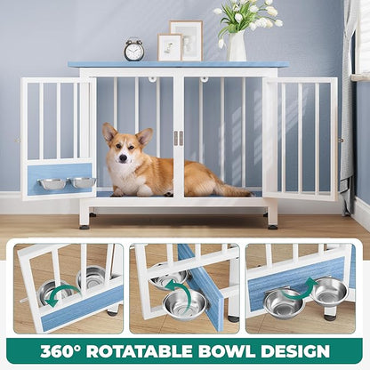 YITAHOME 33" Foldable Dog Crate Furniture, Portable Wooden Kennel End Table with Adjustable Feet & 360° Rotatable Bowls, Perfect for Small to Medium Dogs, Blue