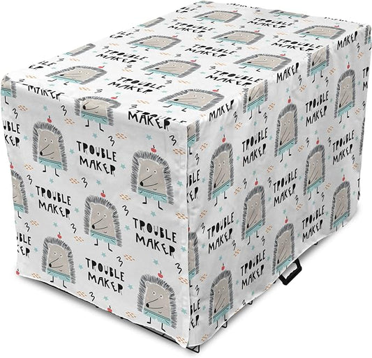 Lunarable Cartoon Dog Crate Cover, Hedgehog Trouble Maker Lettering with Apple and Stars Bad Boy Print, Easy to Use Pet Kennel Cover for Medium Large Dogs, 48 Inch, Pearl Pale Blue