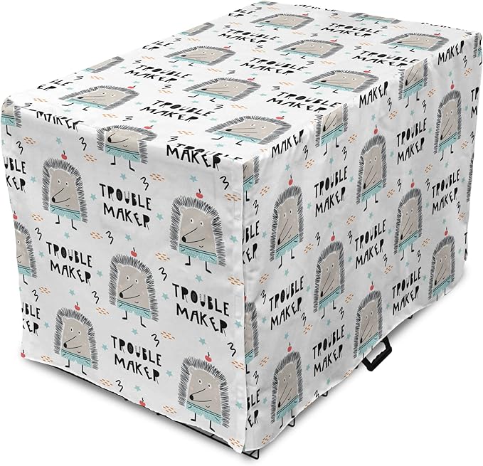 Lunarable Cartoon Dog Crate Cover, Hedgehog Trouble Maker Lettering with Apple and Stars Bad Boy Print, Easy to Use Pet Kennel Cover for Medium Large Dogs, 42 Inch, Pearl Pale Blue