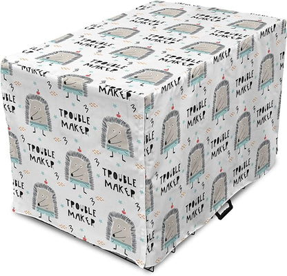 Lunarable Cartoon Dog Crate Cover, Hedgehog Trouble Maker Lettering with Apple and Stars Bad Boy Print, Easy to Use Pet Kennel Cover for Small Dogs Puppies Kittens, 18 Inch, Pearl Pale Blue