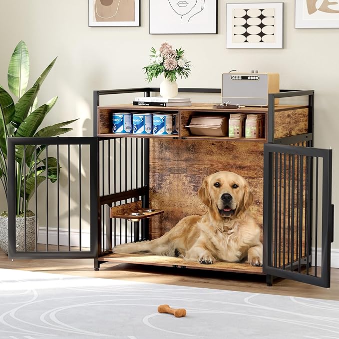 Dog Crate Furniture, 48 Inch Wooden Dog Cage with 2 Drawers, 360° & Adjustable Raised Feeder, Furniture Dog Crate for Medium-Large Dog Indoor