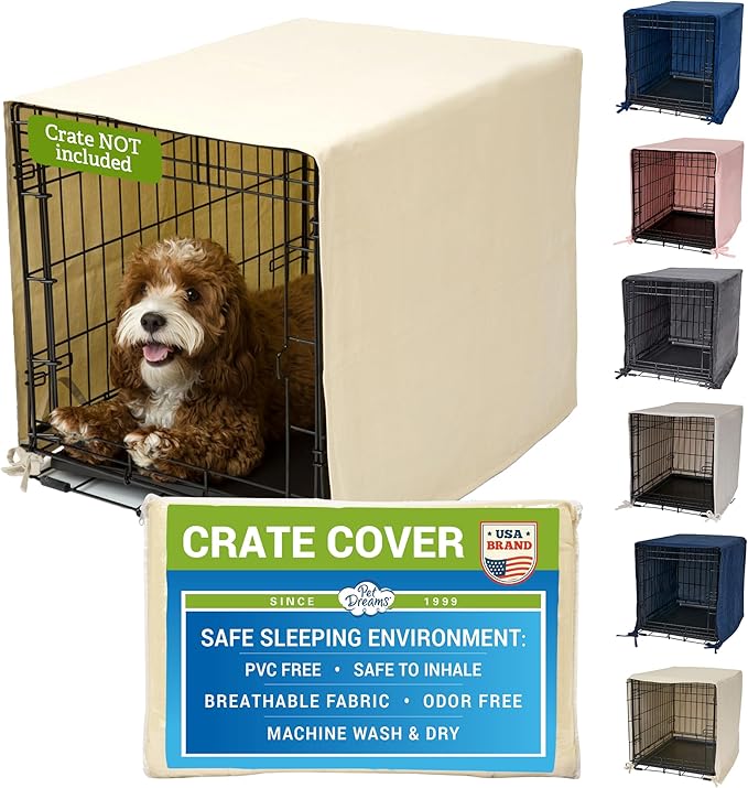 Pet Dreams Dog Crate Cover - Breathable Fabric Kennel Topper for Single-Door Crates, Fits iCrate Dog Cages 18, 24, 30, 36, 42, 48 Inches (Khaki, Small, 24")