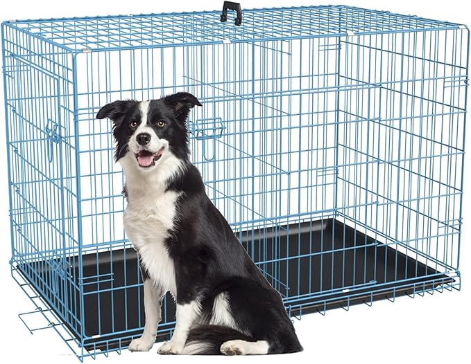 FDW XL Dog Crate Dog Kennel Cage with Double Door,42 inch Folding Metal Wire Dog Cage with Removable Tray&Divider Panel,Pet Crate for Medium Large Dogs,Blue