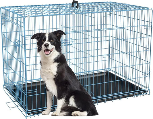 FDW XL Dog Crate Dog Kennel Cage with Double Door,42 inch Folding Metal Wire Dog Cage with Removable Tray&Divider Panel,Pet Crate for Medium Large Dogs,Blue