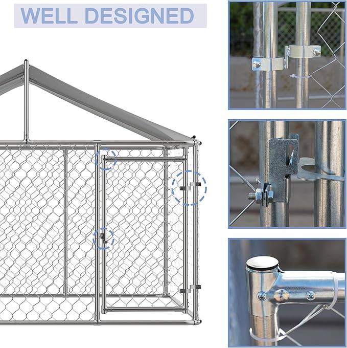 Large Outdoor Dog Cage with UV and Waterproof Cover,Metal Galvanized Rustproof Outdoor Puppy Fence,W/Security Door,Heavy Duty Kennel for Farm & Garden,Silver 9.8'Lx9.8'Wx4.4'H