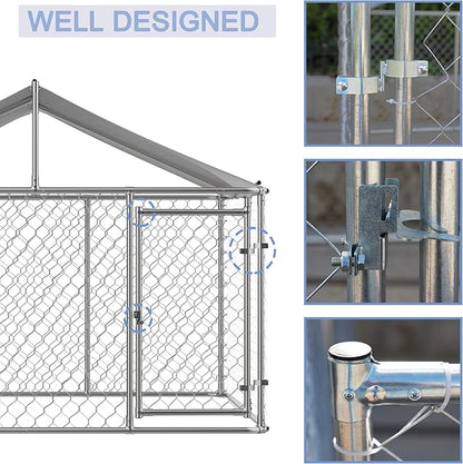 Large Outdoor Dog Cage with UV and Waterproof Cover,Metal Galvanized Rustproof Outdoor Puppy Fence,W/Security Door,Heavy Duty Kennel for Farm & Garden,Silver 9.8'Lx9.8'Wx4.4'H