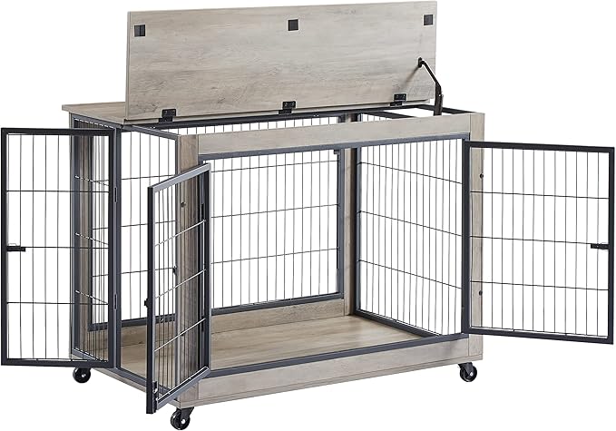 KEIKI Dog Crate Furniture, 43" Iron Dog Crate with Side Openings, Double-Door Dog House for Small/Medium/Large Dog, Grey