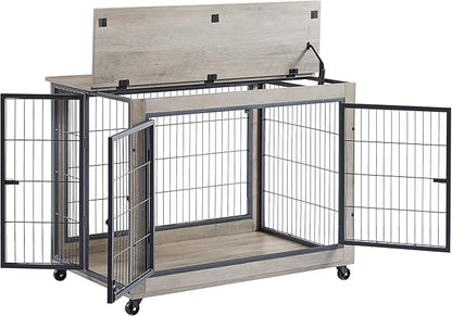 KEIKI Dog Crate Furniture, 43" Iron Dog Crate with Side Openings, Double-Door Dog House for Small/Medium/Large Dog, Grey