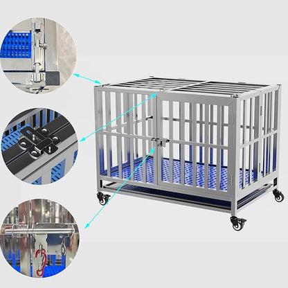 Collapsible Stainless Steel Dog Crate, 30" 37" 42" 48" Sizes, Lockable Wheel, with Tray, Stackable, Heavy Duty, Divider, Indoor and Outdoor （30in Size is Suitable for Small Pets only）