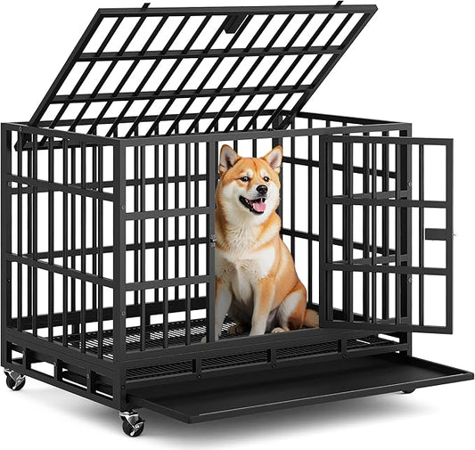 Greesum 38 INCH Heavy Duty Indestructible Dog Crate for Large Dog, Escape Proof Dog Cage Kennel, Extra Large Crate Indoor with High Anxiety Double Door, Lockable Wheels, Removable Tray