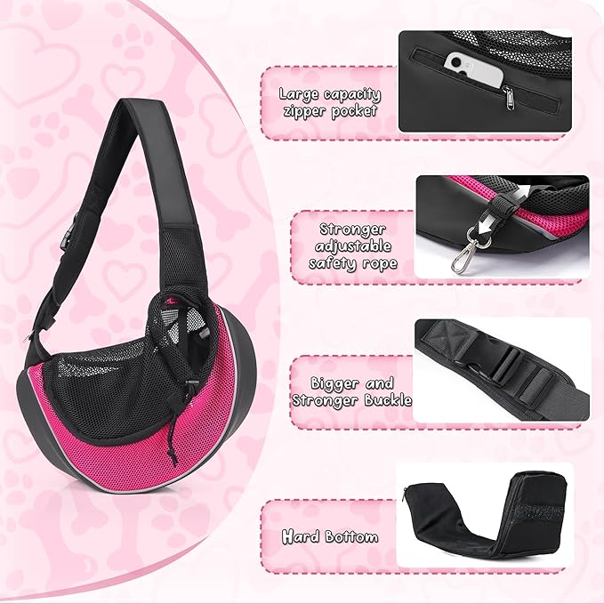 WOYYHO Dog Sling Carrier - Adjustable Strap,Hard Bottom,Large Zip Pocket,Breathable Mesh - Suitable for Puppies Outdoor Travel (Pink M)