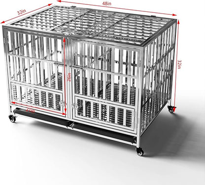 Collapsible Stainless Steel Dog Crate, 30" 37" 42" 48" Sizes, Lockable Wheel, with Tray, Stackable, Heavy Duty, Divider, Indoor and Outdoor (48insm)