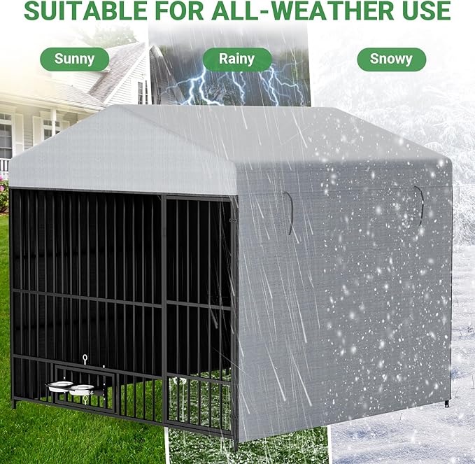Outdoor Dog Kennel - 6.6 x 6.6 x 6.4 ft Outside Dog Kennel with Roof, Large Dog Outdoor Kennel with Rotating Feeding Bowls for Medium Small Dogs