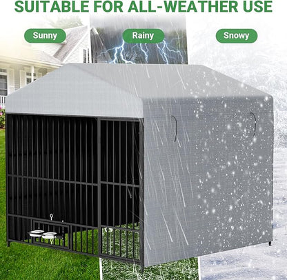 Outdoor Dog Kennel - 6.6 x 6.6 x 6.4 ft Outside Dog Kennel with Roof, Large Dog Outdoor Kennel with Rotating Feeding Bowls for Medium Small Dogs