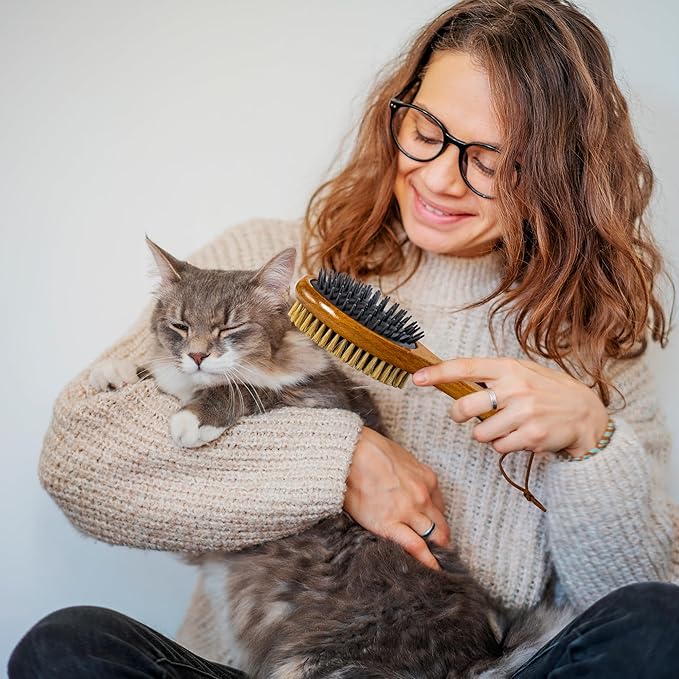 TAKAVU Short Hair Dog Cat Brush, Double-Sided Silicone & Bristle Pet Grooming Brush for Removing Dirt & Loose Hair, Coats Detangling Deshedding, Massage Pet Skin, Wood Handle Pet Comb