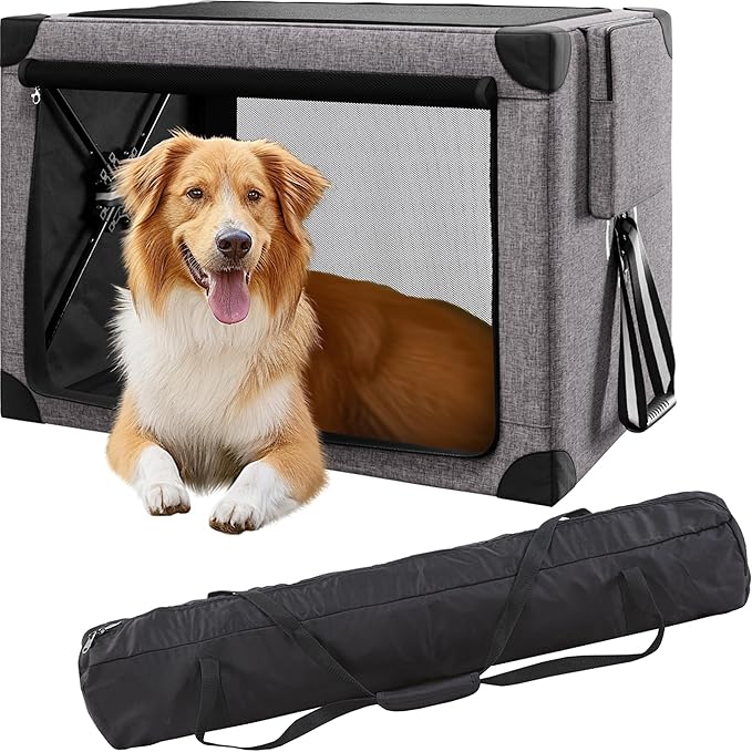 Travel Dog Crate - 37 Inch Collapsible Portable Foldable Crates for Large Dogs with Detachable Storage Bag, Removable Pad, and Mesh Windows for Outdoor & Indoor (Grey)