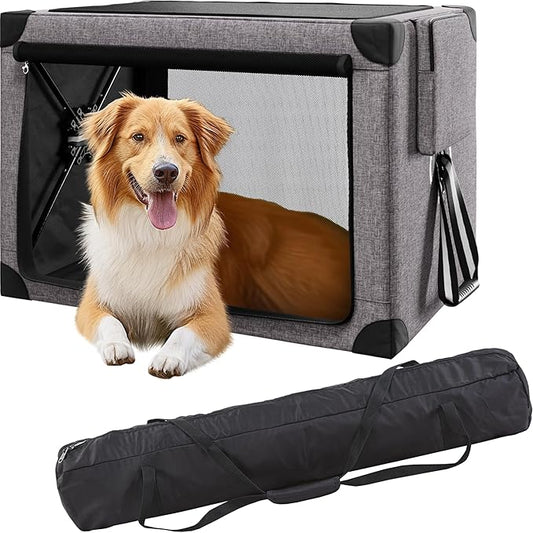 Travel Dog Crate - 37 Inch Collapsible Portable Foldable Crates for Large Dogs with Detachable Storage Bag, Removable Pad, and Mesh Windows for Outdoor & Indoor (Grey)