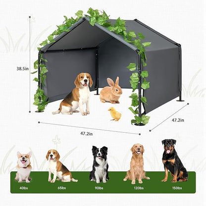 Large Dog Shade Shelter Outdoor Tent Dog House for Large Medium Dogs, Outside Sun Rain Canopy Pet House for Homeless Cats Pigs Livestock with Rainproof Cover with Artificial Grapevine Leaves