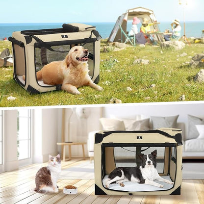 X-ZONE PET Dog Crate 3-Door Kennel, Collapsible Portable Soft Sided Pet Carriers for Indoor & Outdoor, Multiple (24-Inch, Rice White)
