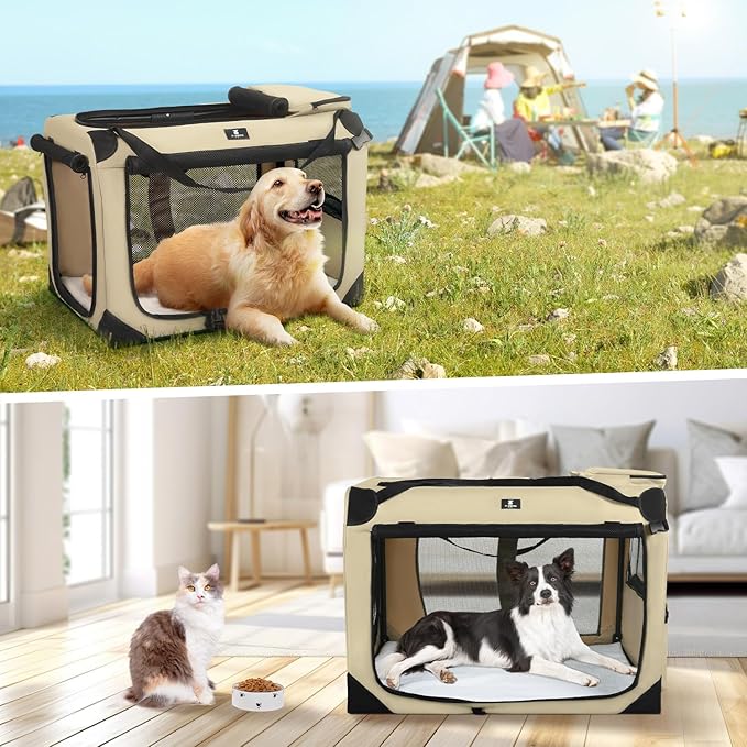 X-ZONE PET Dog Crate 3-Door Kennel, Collapsible Portable Soft Sided Pet Carriers for Indoor & Outdoor, Multiple (40-Inch, Rice White)