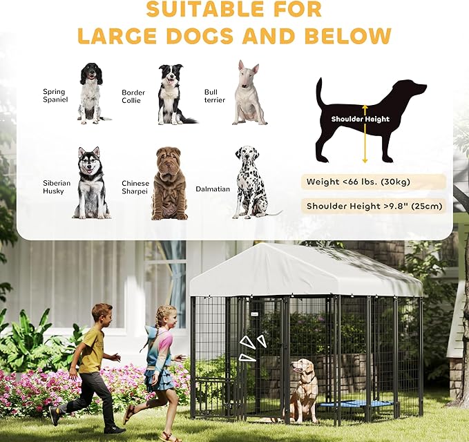 PawHut 5.9' x 5.9' x 6' Outdoor Dog Kennel, Welded Wire Heavy Duty Dog Run with 360° Rotating & 4 Level Adjustable Bowls, Dog Kennel Outside with Waterproof & UV Resistant Cover, for Large Dogs
