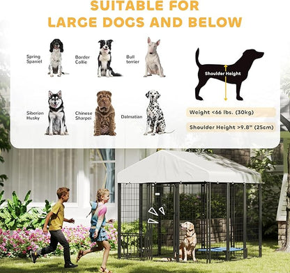 PawHut 5.9' x 5.9' x 6' Outdoor Dog Kennel, Welded Wire Heavy Duty Dog Run with 360° Rotating & 4 Level Adjustable Bowls, Dog Kennel Outside with Waterproof & UV Resistant Cover, for Large Dogs