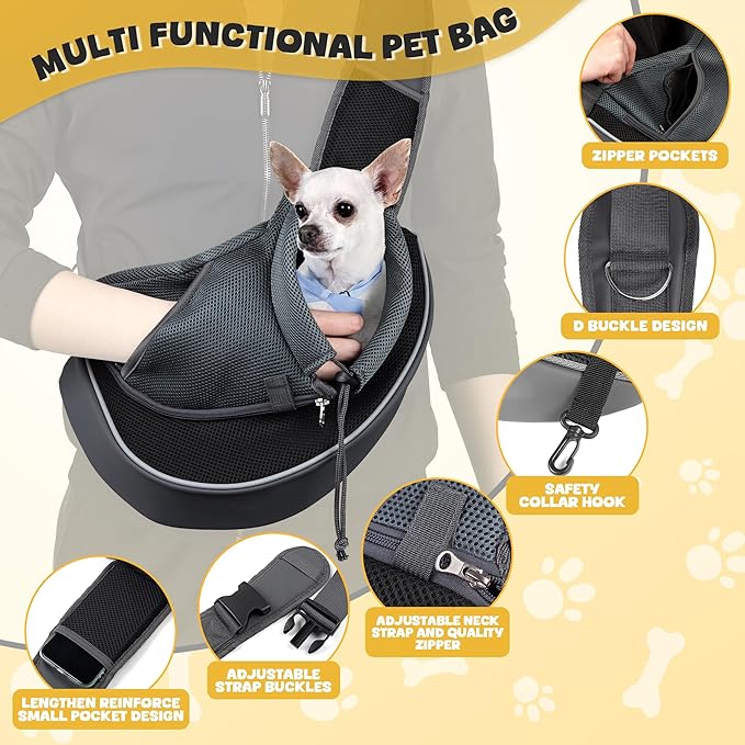 WOYYHO Pet Dog Sling Carrier Adjustable Strap Breathable Mesh Puppy Sling for Small Dogs with Zipper Touch Pocket Safety Leash Dog Sling Carrier for Outdoor Travel (S (2-4.5 lbs), Black)