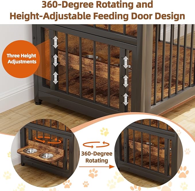 Dog Crate Furniture, 41 Inch Wooden Dog Cage with 2 Drawers, 360° & Adjustable Raised Feeder, Furniture Dog Crate for Medium-Large Dog Indoor