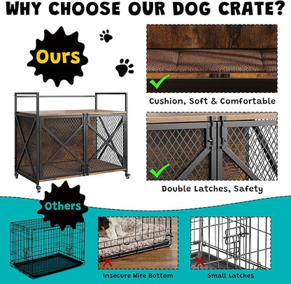 41 Inch Dog Crate Furniture, Heavy Duty Decorative Dog Cage with Lockable 360° Wheels, Double Door Dog Kennel End Table for for Small Medium Large Dog, Rustic Brown