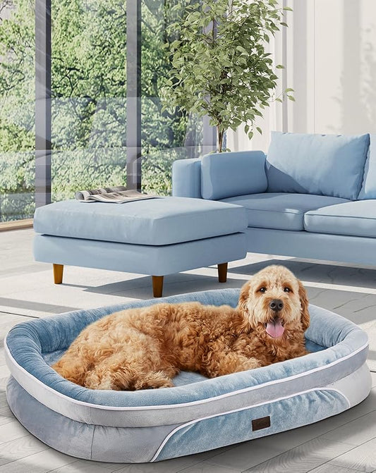 OhGeni Orthopedic Dog Bed for Extra Large Dogs, Dog Couch Design with Egg Foam Support, Removable, Washable Plush Cover and Non-Slip Bottom with Four Sided Bolster Cushion (Washed Blue)