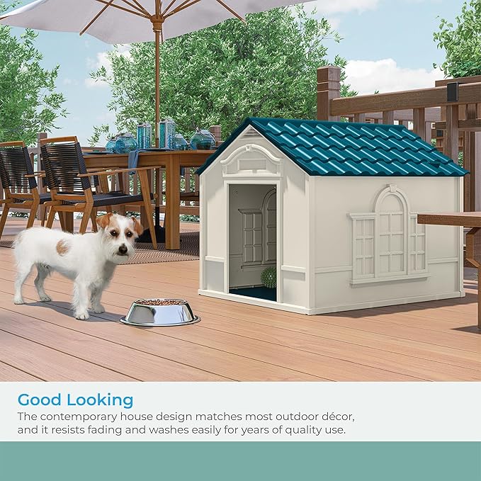 Suncast Deluxe Dog House for Dogs up to 100 Pounds with Removable Roof, Vents, Crowned Channeled Floor, and Personalization Labels, Taupe/Blue