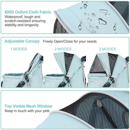 Pet Stroller for Medium Small Dogs and Cats, Folding Puppy Stroller Dog Cat Cage Jogger Stroller with Cup Holder and Storage Basket, 4 Wheels, Light Blue