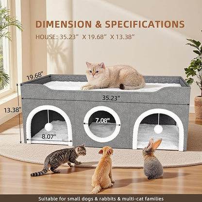 All-in-1 Extra-Wide Cat House for Indoor, Multi Cats Puppy Family, Large Cat Cave for Pet House with Fluffy Ball Hanging and Scratch Pad, Foldable Dog Hideaway, 35.4x19.6x13.3 inches, Grey