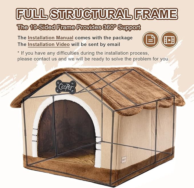 Jiupety Indoor Dog House with Frame, Large Dog Cave Bed, Insulated Cozy, Suitable for 50-90 lb, Jumbo (38"×30"×28"), Brown
