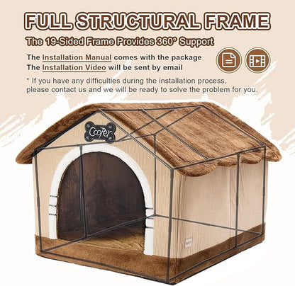 Jiupety Indoor Dog House with Frame, Large Dog Cave Bed, Insulated Cozy, Suitable for 50-90 lb, Jumbo (38"×30"×28"), Brown