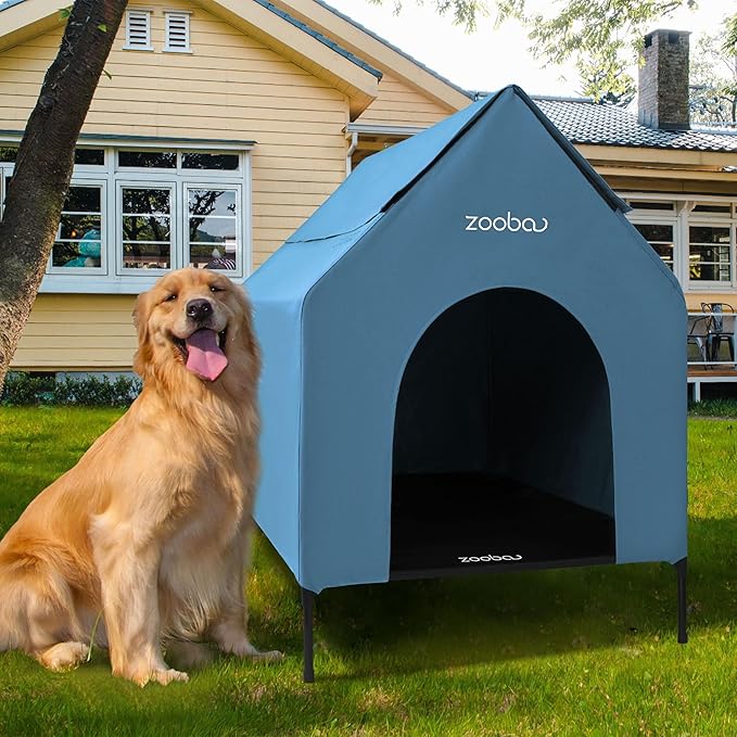 36" Large Dog House, Dog House for Large Dog Indoor or Outside, Weatherproof 600D PVC Dog House Outdoor, Featuring Breathable 2x1 Textilene Elevated Dog Bed, Easy Clean(Blue)