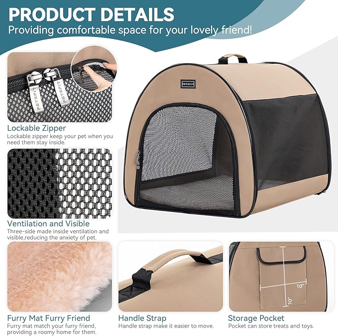 PETSFIT Soft Dog Crate, Dog Travel Crate - 26.5 Inch Lightweight, Roomy, Easy to Set Up, Portable Pop Up Dog Carrier with Thick Mat, Sturdy Soft Sided Dog Crate, Khaki