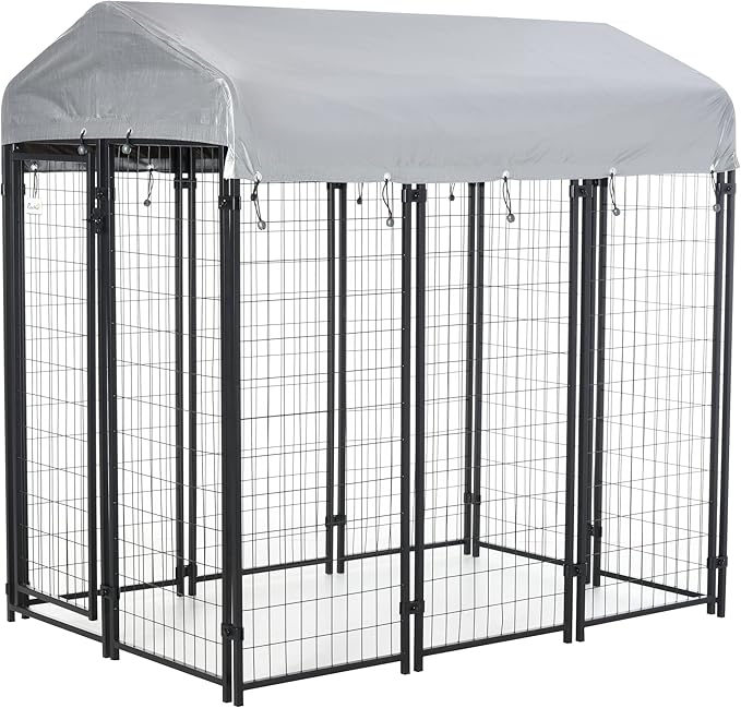 PawHut Outdoor Dog Kennel with Roof, 6' x 4' x 6' Heavy Duty Welded Wire Dog Playpen Enclosure with Escape-Proof Lock, UV-Resistant & Waterproof Cover, for Large Dogs, Silver