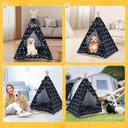 Pet Teepee Tent for Dogs & Cats, 24 Inch & 43 Inch Portable Indoor Dog House with Thick Cushion, Cat Teepee Washable Tent Dog Teepee Bed Indoor (43 Inch, Navy Blue Stars)