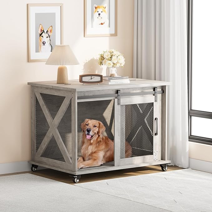 Dog Crate Furniture with Sliding Barn Door,Flip Top Furniture Style Dog Crate End Table with Wheels,Indoor Dog Kennel Furniture with Removable Divider,Dog House,Grey