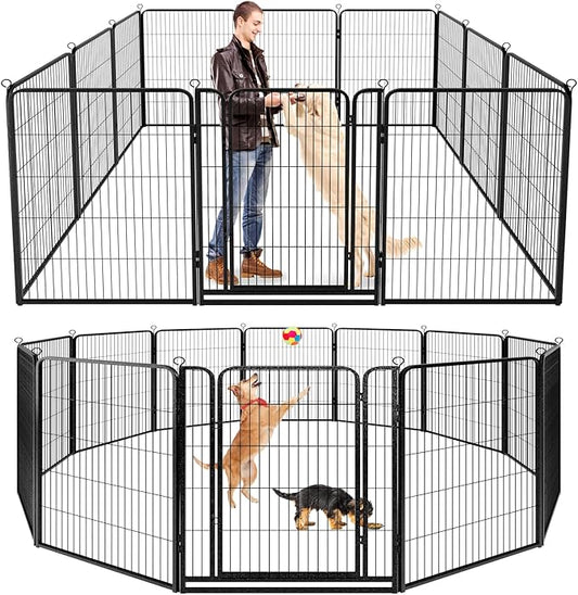 Dog Playpen Outdoor Extra Wide 12 Panels Heavy Duty Dog Fence 47" Height Anti-Rust with Doors Portable for RV Camping Yard, Total 32FT, 79 Sq.ft, Snowy Black