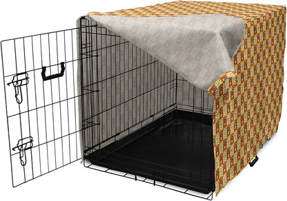 Lunarable Thanksgiving Dog Crate Cover, Checkered Pattern with Funny Cartoon Gobbler and Fallen Autumn Leaves, Easy to Use Pet Kennel Cover for Medium Large Dogs, 48 Inch, Red Yellow Brown