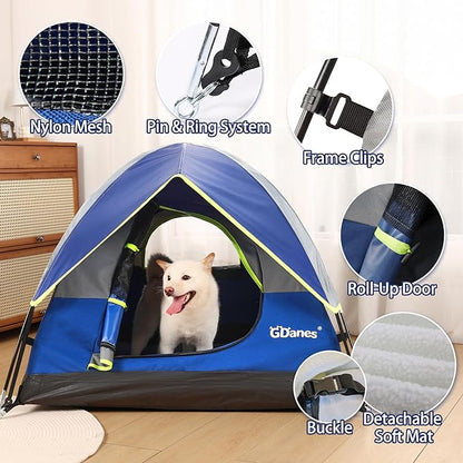 GDanes Blue Dog Tent House - Portable Indoor/Outdoor Dog Bed with Soft Pad for Large Dogs, 42 x 42 x 32 Inches